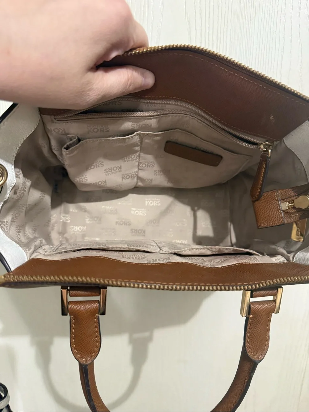 Michael Kors Brown Navy White Leather Satchel with Gold MK Accent